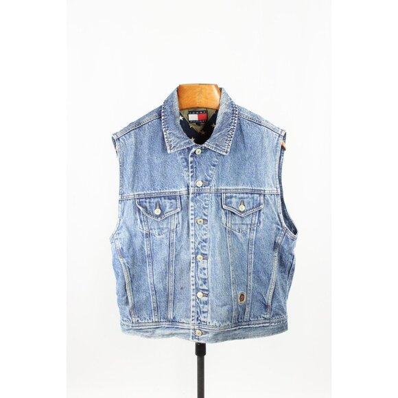 Vintage TOMMY HILFIGER 100% Cotton Star Print Lined Denim Vest, Size XL - Picture 1 of 16